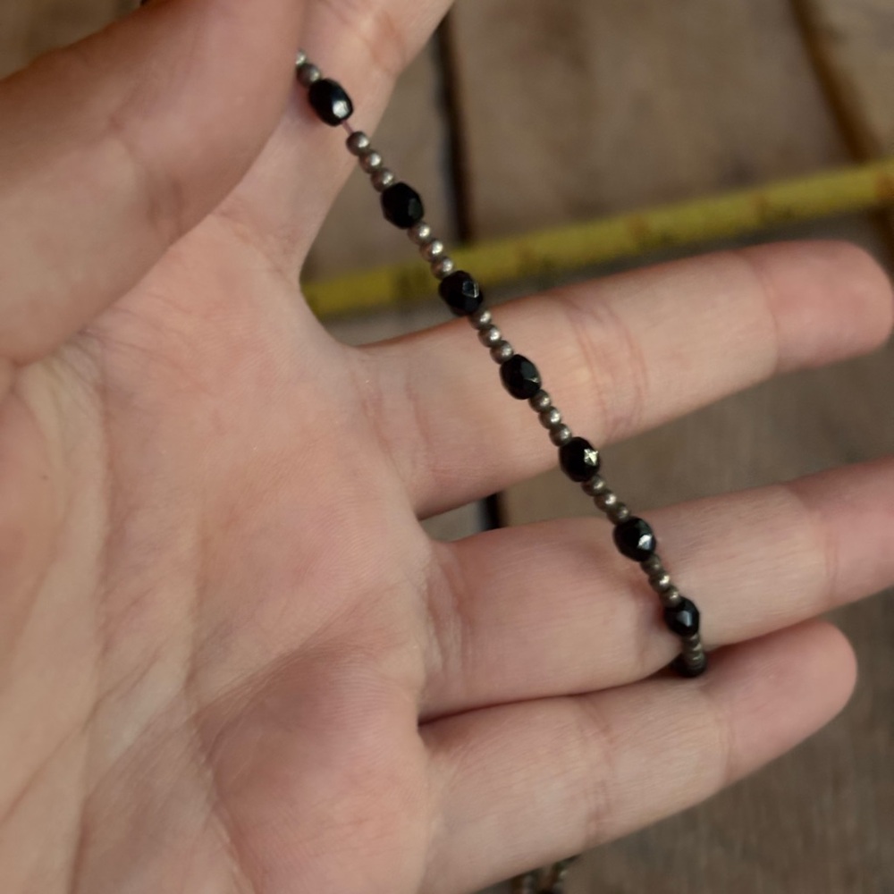 Simple Sterling Silver and Faceted Black Bead Necklace - Picture 2 of 4